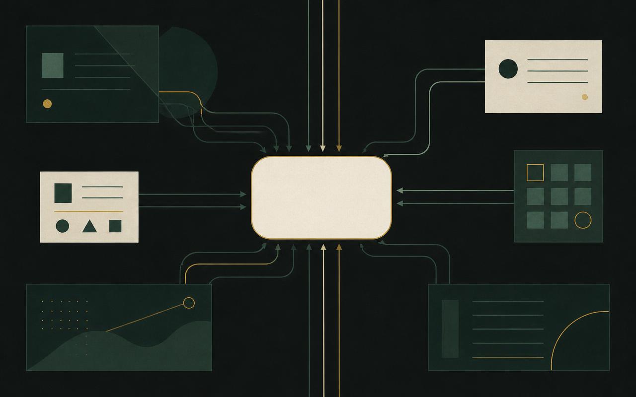 Abstract diagram of company context and workflows feeding into one operating review